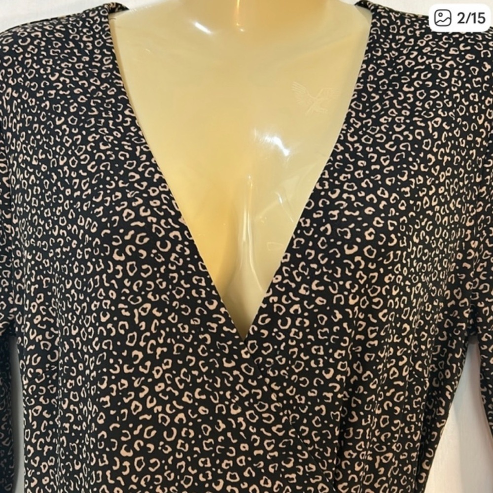 Ann Taylor Animal Print Wrap Dress Size 10 Black & Tan Long Sleeve Knee Length - Picture 4 of 7